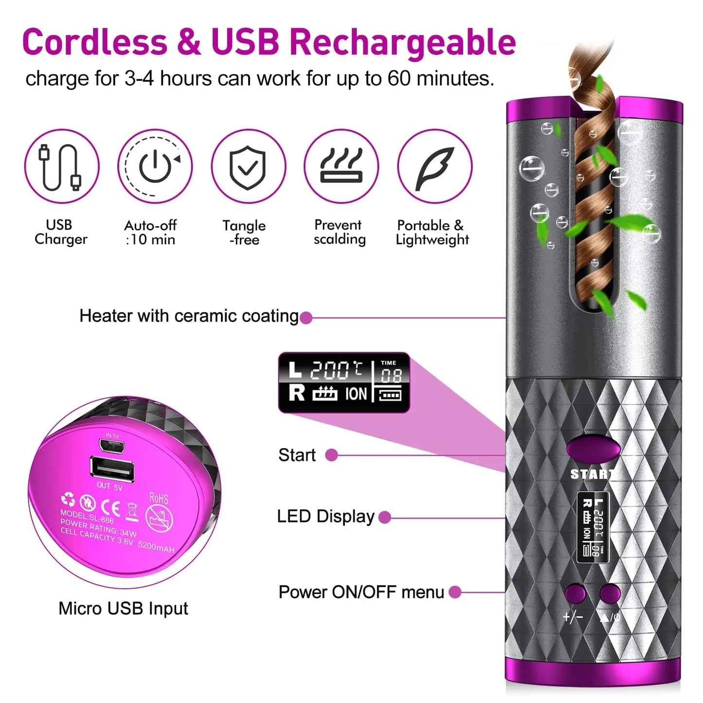 Luxora Cordless Hair Curler Automatic Curling Tool - Portable and Rechargeable