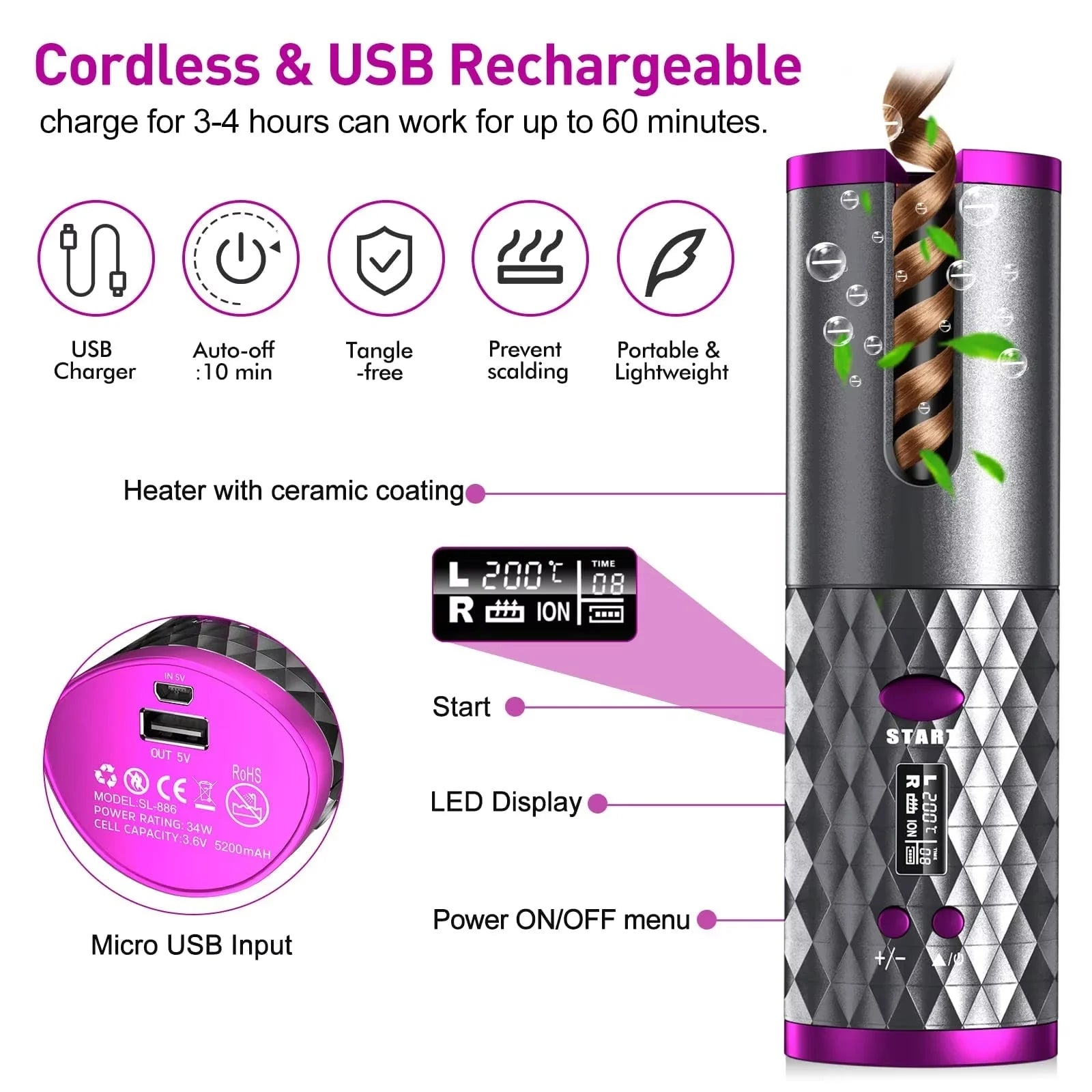 Luxora Cordless Hair Curler Automatic Curling Tool - Portable and Rechargeable
